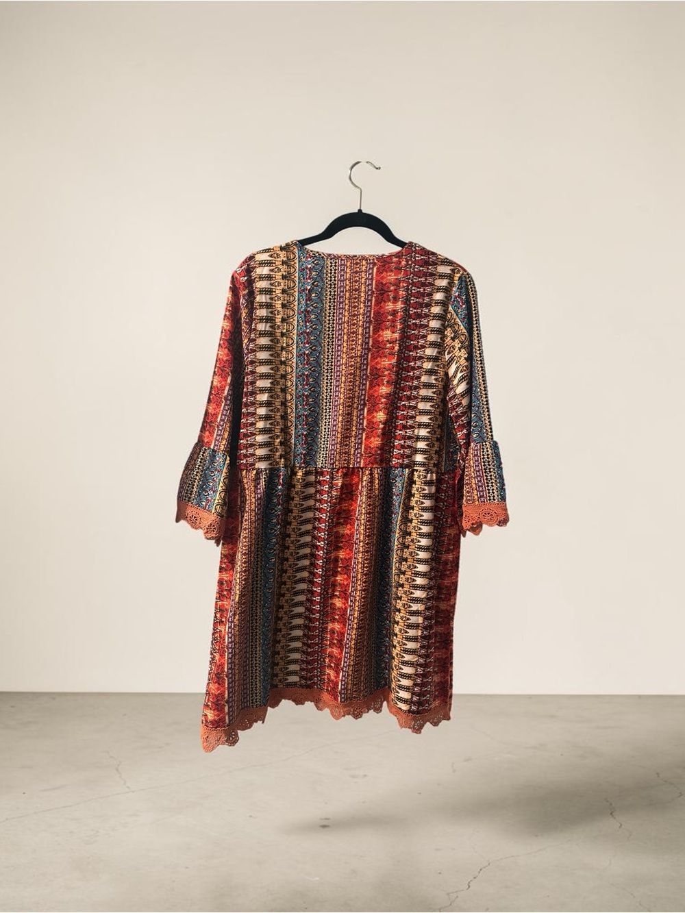 Boho Printed V-Neck Dress Crochet Lace Trim Bell Sleeve Orange Red Multicolor - Picture 3 of 9